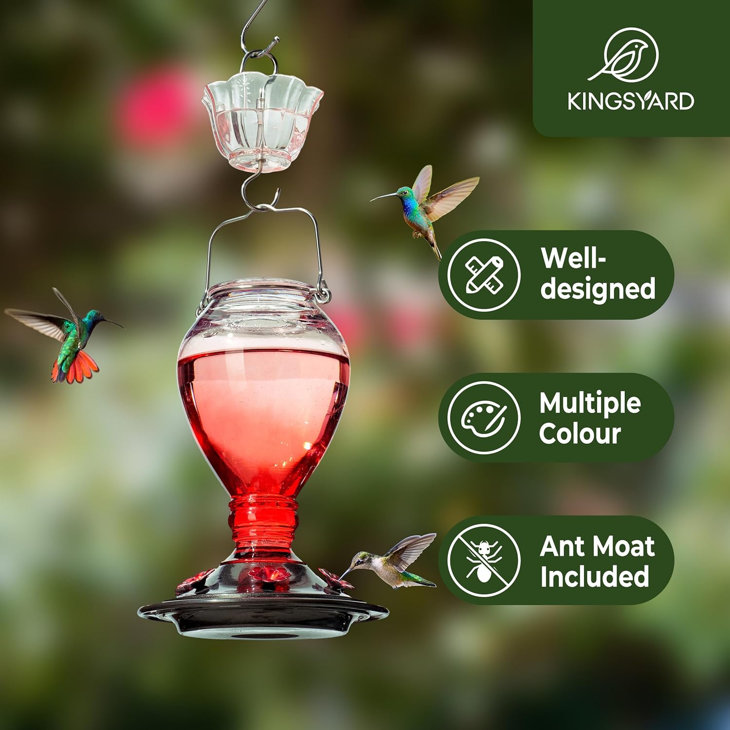 Kingsyard Glass Hummingbird Feeder - 6 Bee Guard Feeding Ports & Ant Moat, 24 oz Leak Proof, Wild Bird Feeder for Outdoors Hanging, Easy to Clean & Refill, Garden Yard Décor, Red & Pink
