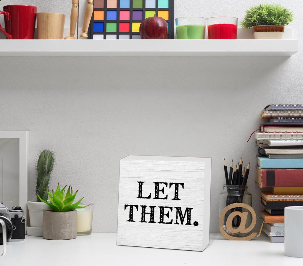 Let Them Wooden Sign, Desk Decorations For Women Office, 5x5 Inch Farmhouse Funny Office Decor Wood Box Sign, Desk Shelf Cubicle Accessories, Appreciation Gifts for Coworkers Boss, 07