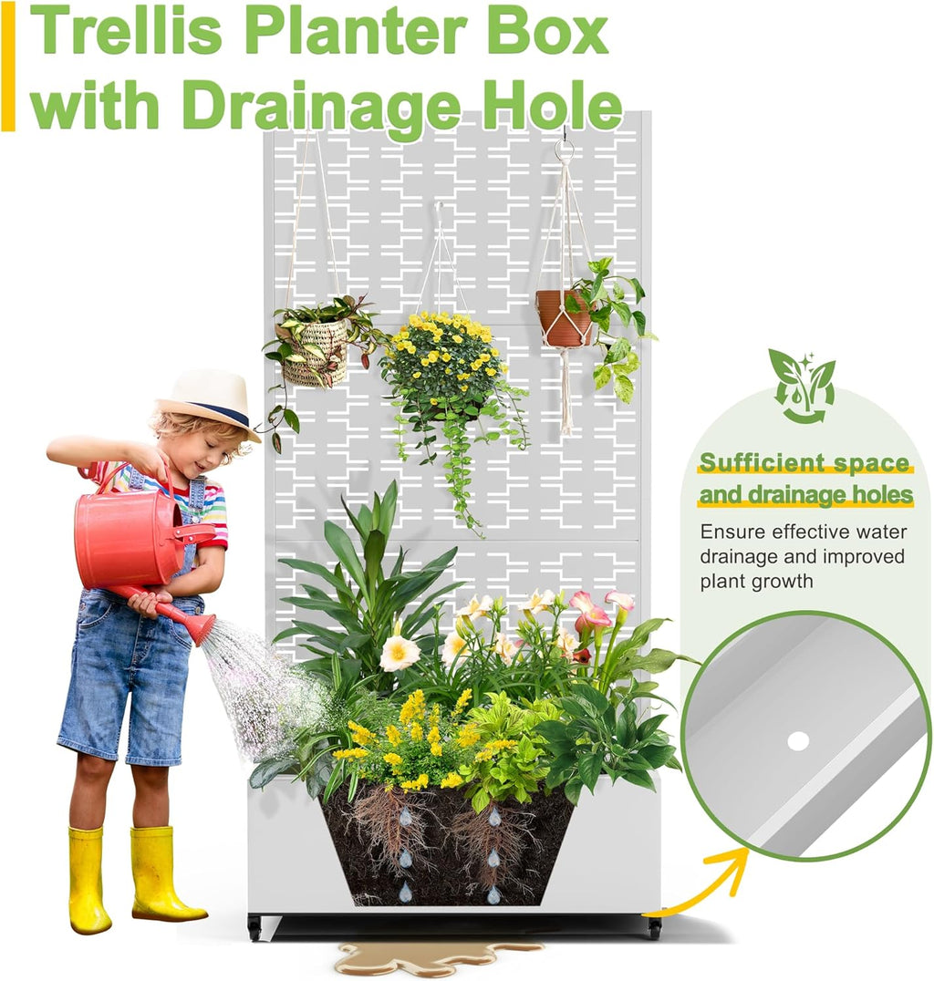 FENCY Metal Raised Garden Bed with Wheels and Trellis,73"x35"x16" Planter Box for Climbing Plants, Vegetables & Vines, Features Privacy Screen and Drainage Holes (White-Brick)