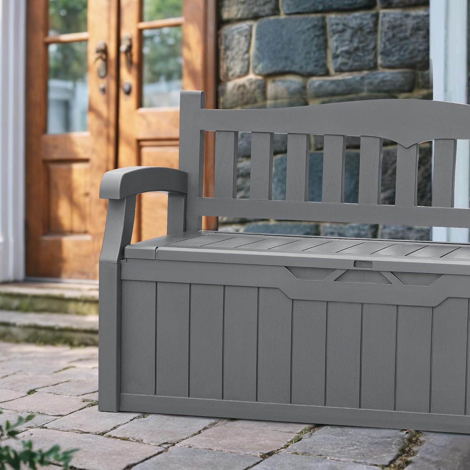 Devoko 80 Gallon Storage Bench Deck Box Lockable for Patio Furniture, Garden Decor and Outdoor Seating for Cushions, Garden Tools and Pool Supplies (Grey)