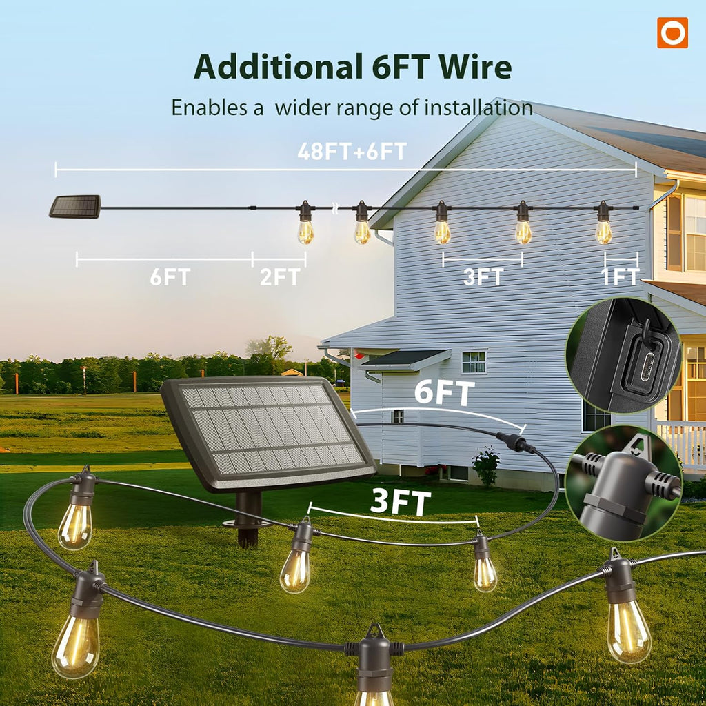 addlon 54FT(48+6) Solar String Lights Outdoor Waterproof with 3W High Power Panel USB Charging & Remote - Dimmable Solar Power Patio Lights for Porch, Garden, Yard, Market, Bistro - Super Bright