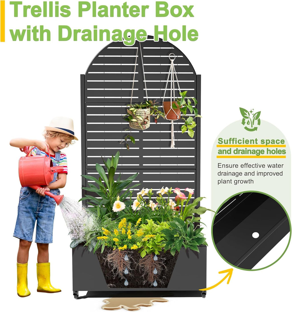 FENCY Metal Raised Garden Bed with Wheels and Trellis,Arched 73"x35"x16" Planter Box for Climbing Plants, Vegetables & Vines, Features Privacy Screen and Drainage Holes (Black-Louvered)