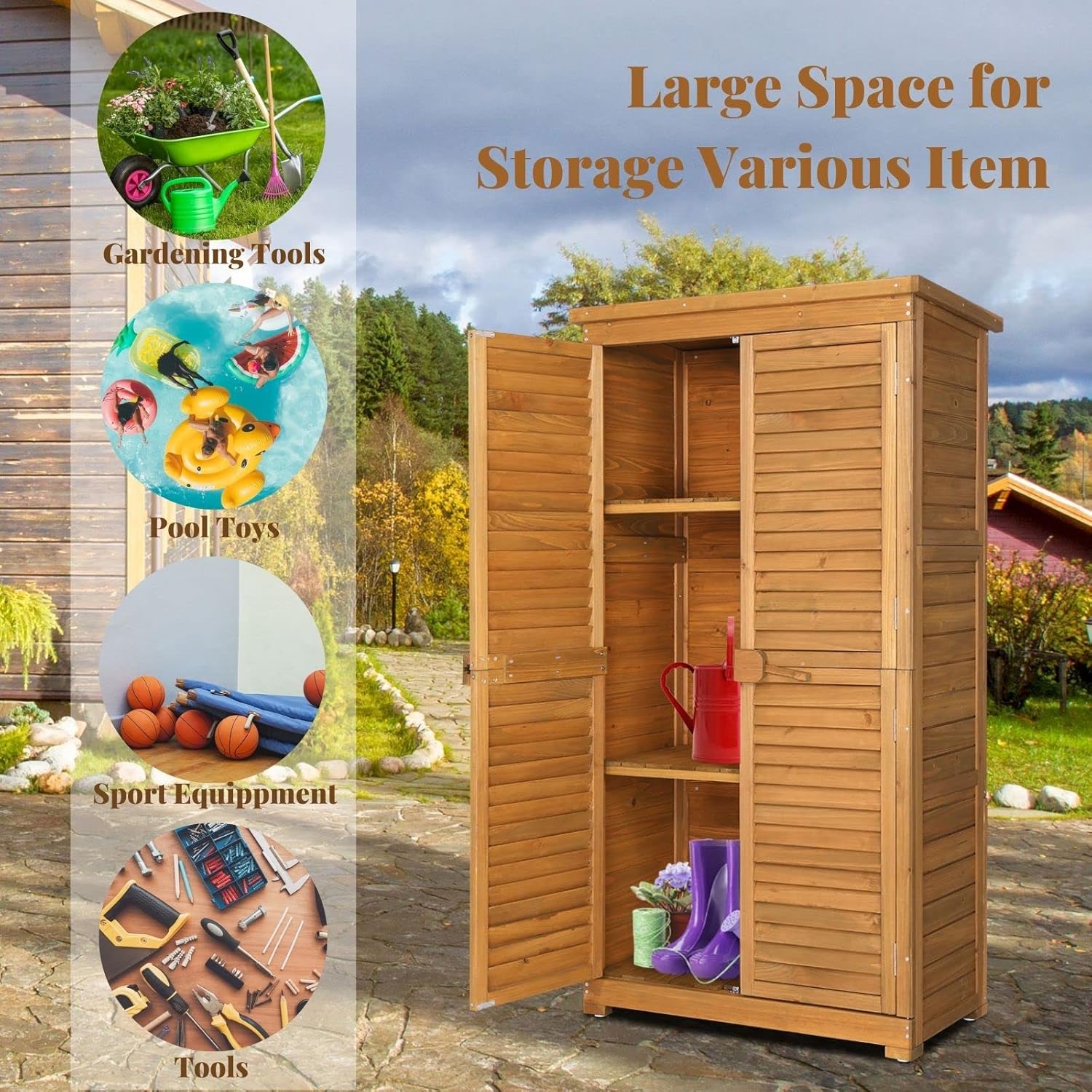 Outvita Outdoor Storage Cabinet, 63in Wooden Garden Tools Shed with 2 Lockable Doors, 3 Adjustable Shelves, Waterproof Roof for Yard Garge Patio Deck Porch, Natural