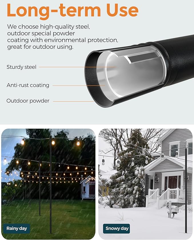 LAND·VOI Metal String Light Poles for Outside Hanging - Backyard, Garden, Patio, 4 Pack Lighting Stand with Adjustable Height for Outdoor Parties, Wedding, Extra-Long 5-Prong Claws, (9.6FT) FLP04B
