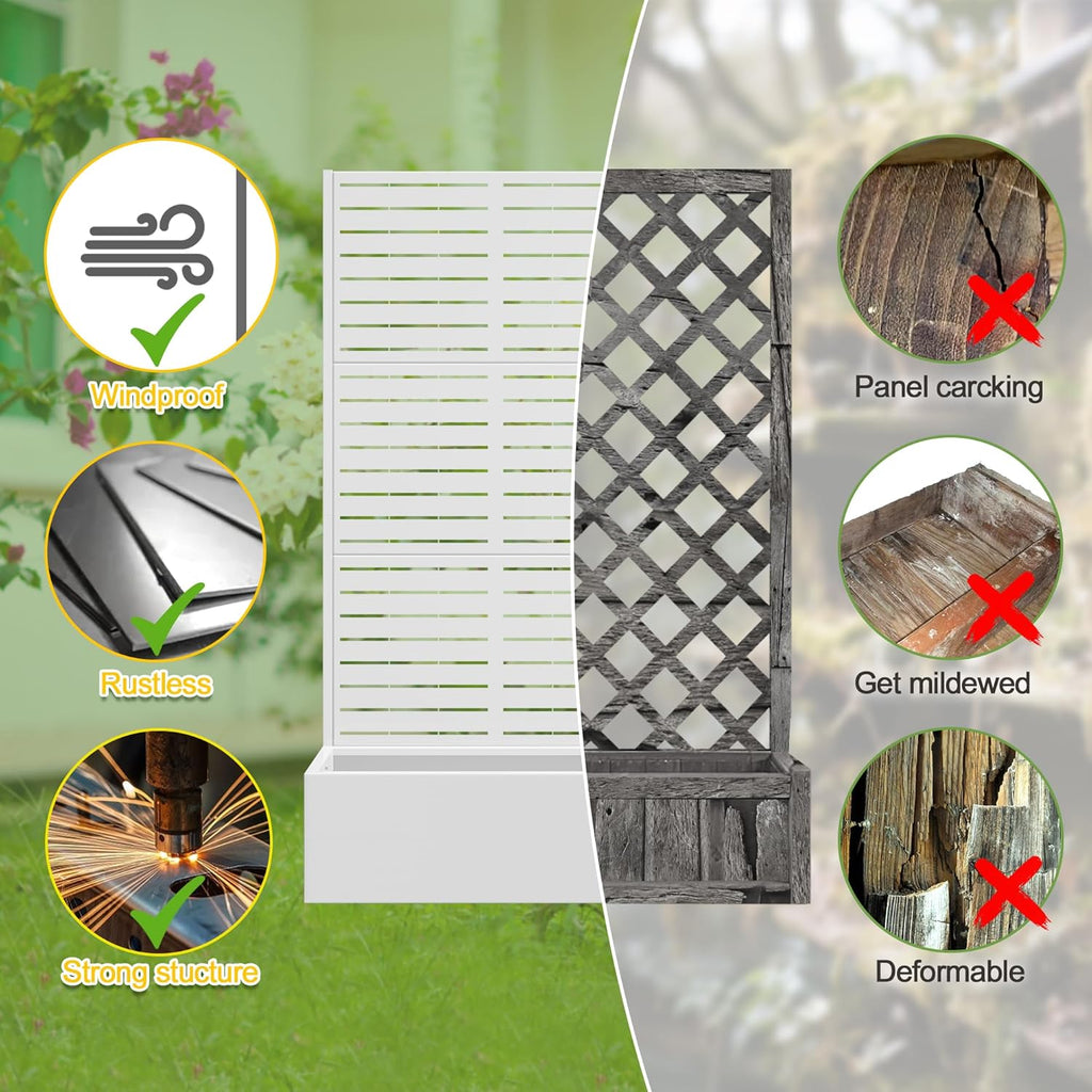 FENCY Metal Raised Garden Bed with Trellis, Metal Planter Box with Trellis, Garden Box for Climbing Plants Vegetable, 35" Lx16 Wx71 H Garden Bed with Drainage Holes(White-Louvered)