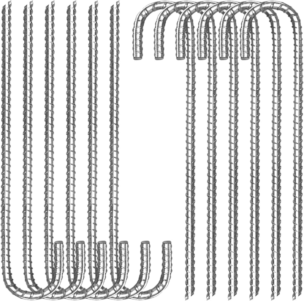 12 Pack 12 Inch Rebar Stakes Heavy Duty J Hook Ground Anchors, Anti Rust Metal Steel Tent Stakes Garden Fence Stakes, Silver