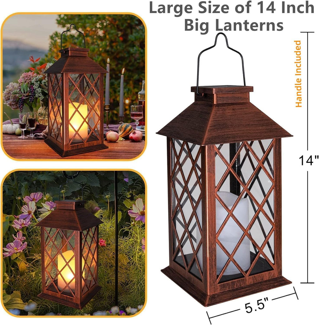 [2 Pack] TAKE ME 14" Solar Lantern Outdoor Garden Hanging Lantern Waterproof LED Flickering Flameless Candle Mission Lights for Table,Outdoor，Mothers Day Gifts Mom Wife