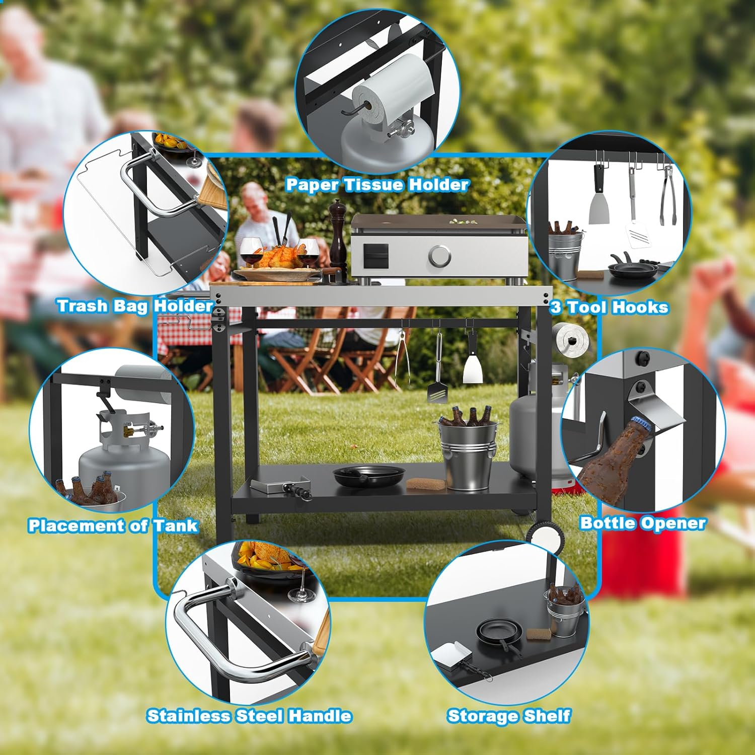 LS'BABQ Outdoor Grill Table Cart, Pizza Oven Stand, BBQ Prep Table with Trash Bag Holder Wheels & Hooks, Double-Shelf Movable Food Prep and Work Stand, Stainless Steel Flattop Grill Cart