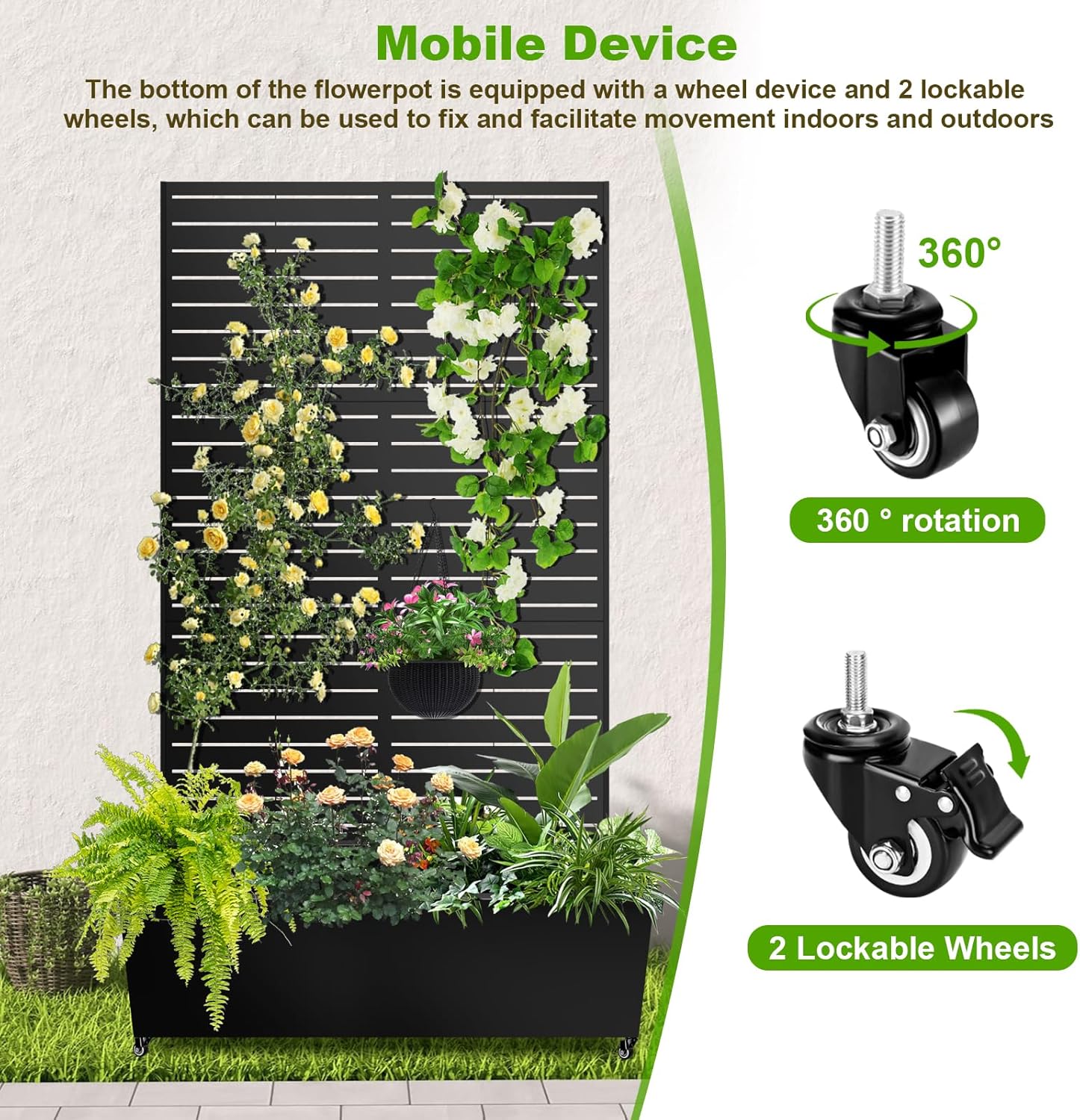 Metal Planter Box with Trellis, 72"x47"x16" Metal Raised Garden Bed with Trellis, Trellis Planter Box with Drainage Holes & Lockable Casters for Climbing Plants, Vegetables, and Vines