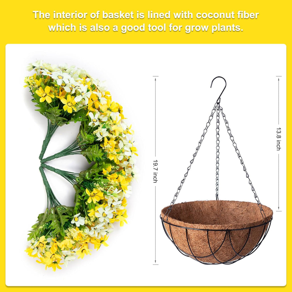 Artificial Silk Flowers Hanging Baskets Outdoors,Chrysanthemum with Eucalyptus Leaves Arrangement for Garden Yard Decor,Faux Plant in Metal Coconut Lining Flowerpot(Yellow)