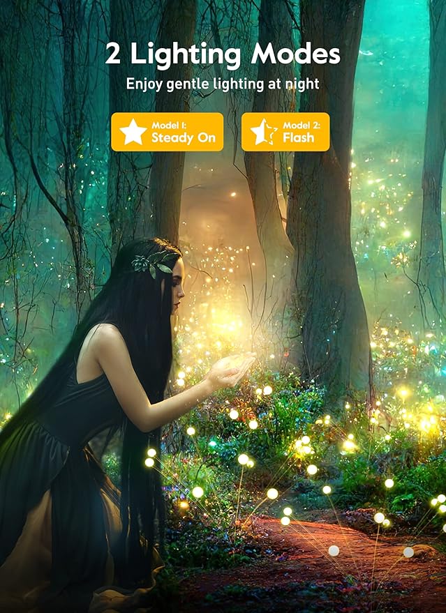 Solar Garden Lights - 4 Pack 48 LED Firefly Lights with 2 Lighting Modes, Sway by Wind, Waterproof Outdoor Decoration, Warm White