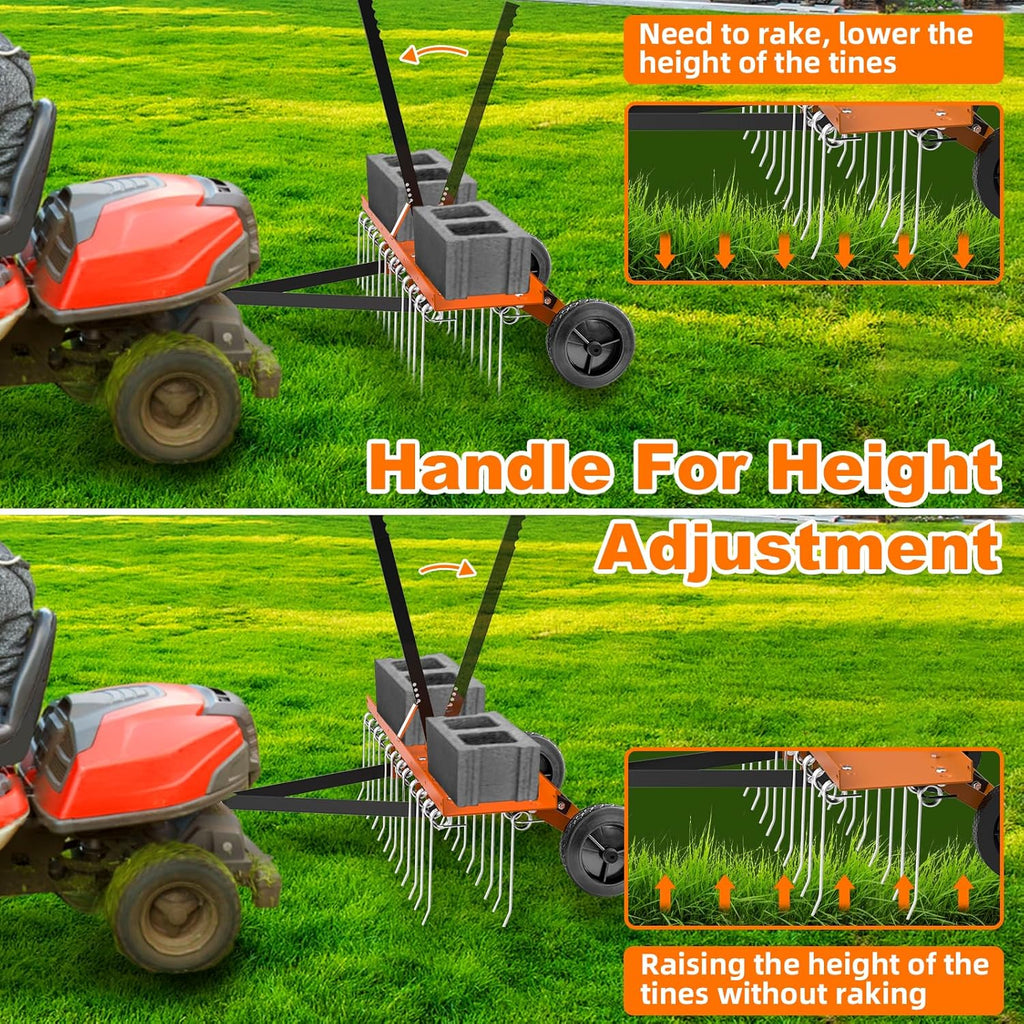40inch Tow Behind Dethatcher with 20 Spring Steel Tines, Lawn Tractor Rakes with Lift Handle, Tow Behind Rake to Remove Thatch, Riding Lawn Mower Attachments for Outdoor Yard Tools Lawn Care