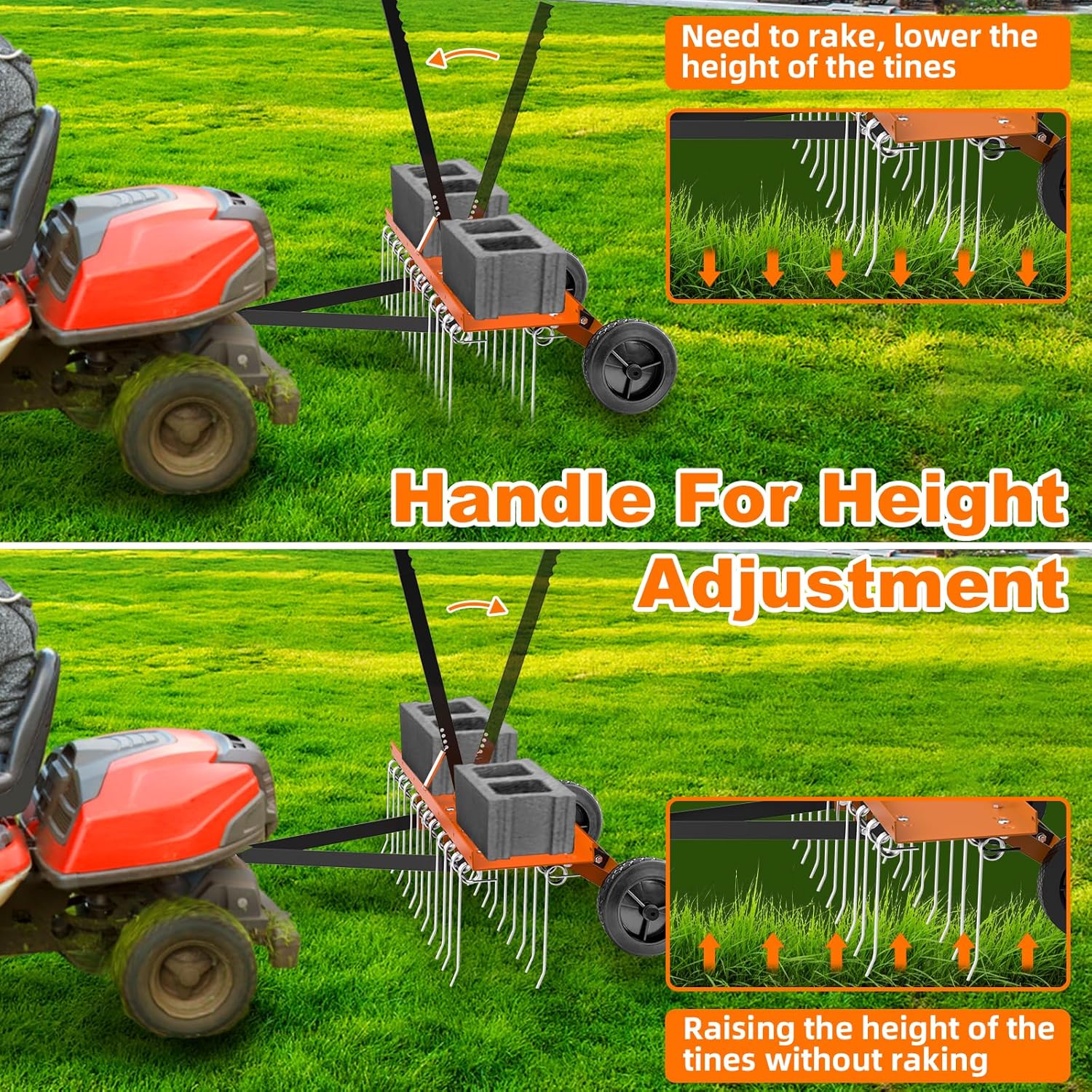 40inch Tow Behind Dethatcher with 20 Spring Steel Tines, Lawn Tractor Rakes with Lift Handle, Tow Behind Rake to Remove Thatch, Riding Lawn Mower Attachments for Outdoor Yard Tools Lawn Care