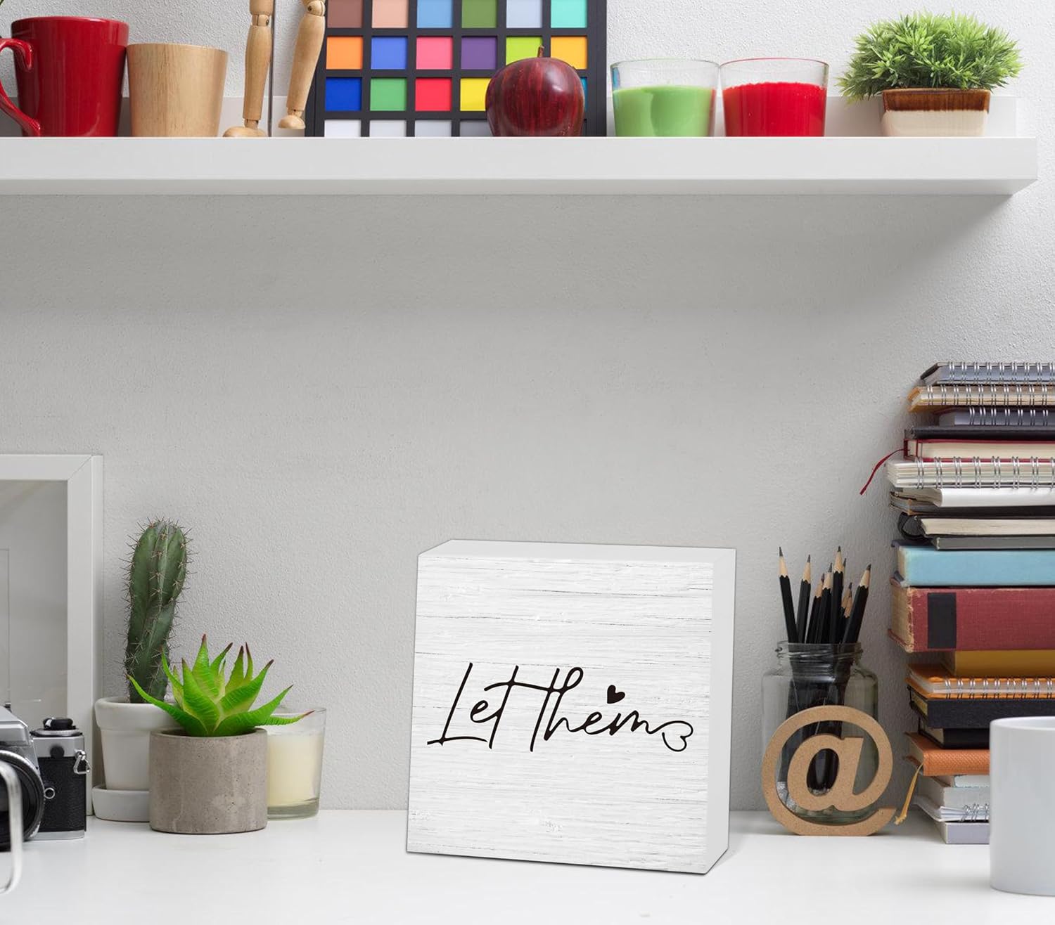 Let Them Wooden Sign, Desk Decorations For Women Office, 5x5 Inch Farmhouse Funny Office Decor Wood Box Sign, Desk Shelf Cubicle Accessories, Appreciation Gifts for Coworkers Boss, 06