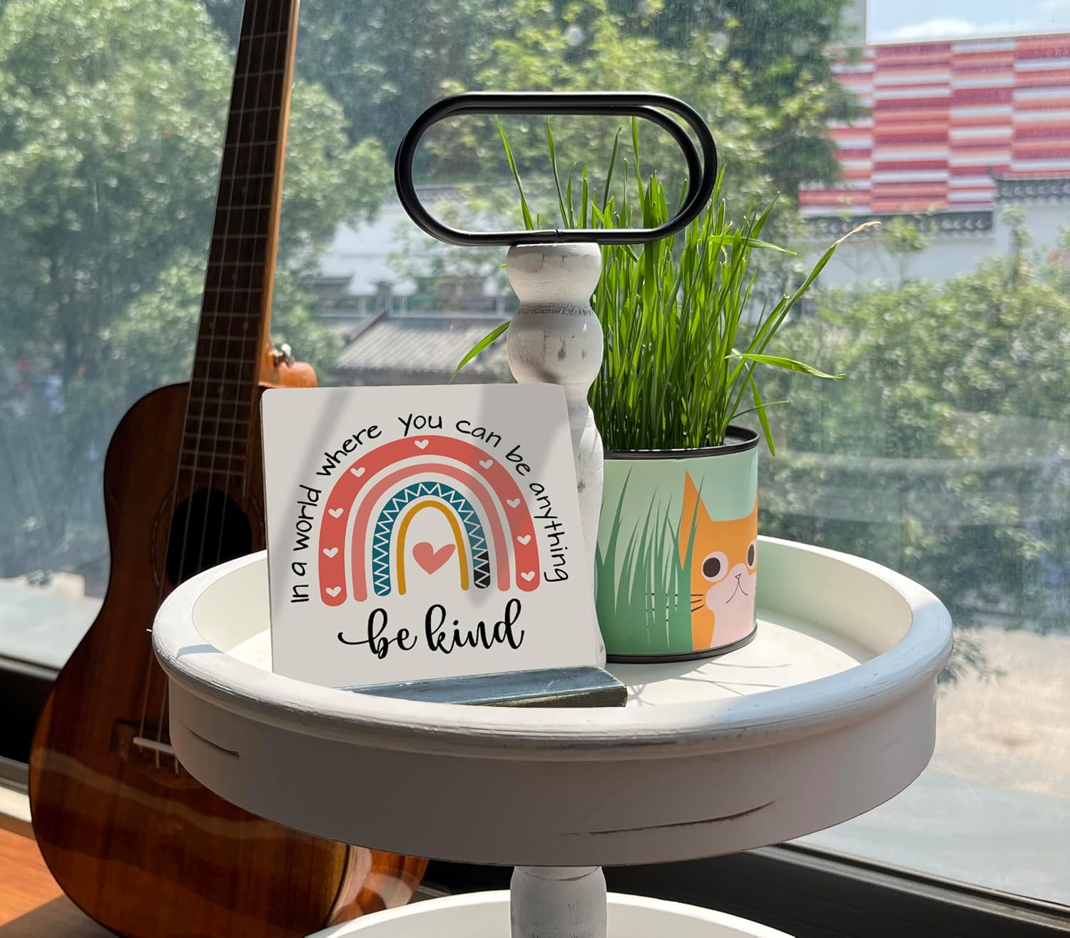 BQL Primitive Wooden Sign, 'In A World Where You Can Be Anything, Be Kind', Desk Plaque with Wooden Stand, Rainbow Decor, 4 x 4.3 inches