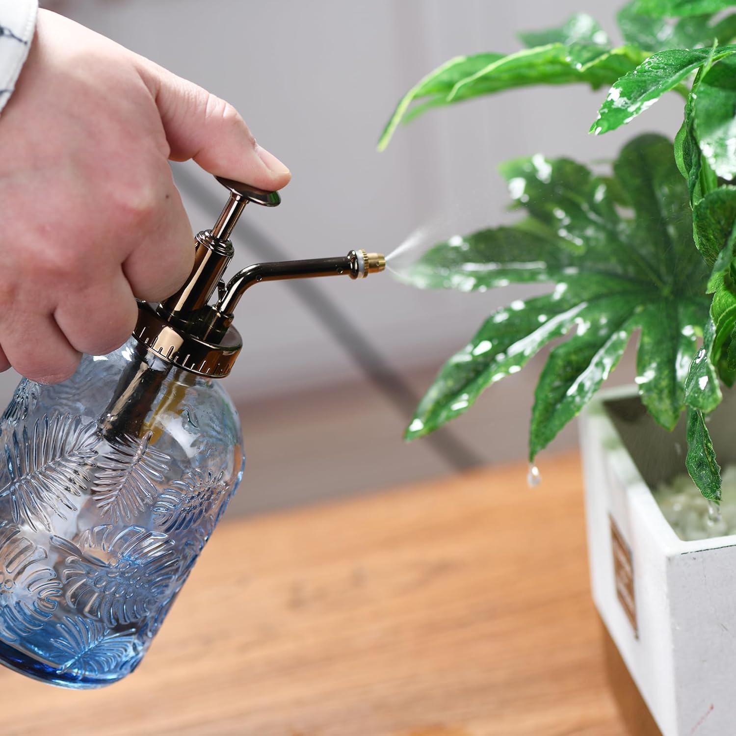 11.8 Ounce Glass Plant Spray Bottle, Glass Leaf Print One Handed Watering Can with Antique Brass Plastic One Handed Top Pump, 7.6 Inch Tall Indoor and Outdoor Plant Small Spray Bottle (Blue)