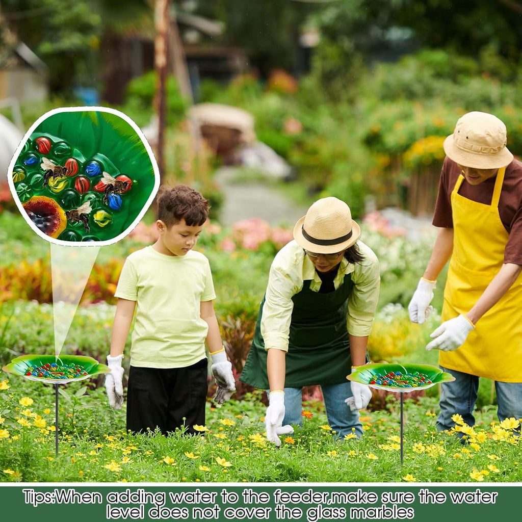 Tandefio Vivid Flower Bee Watering Station Metal Butterfly Water Feeder with 30 Colorful Glass Marbles Bee Feeder Butterfly Bath Bowl for Garden Outdoor Yard Decors(Green,Flower)