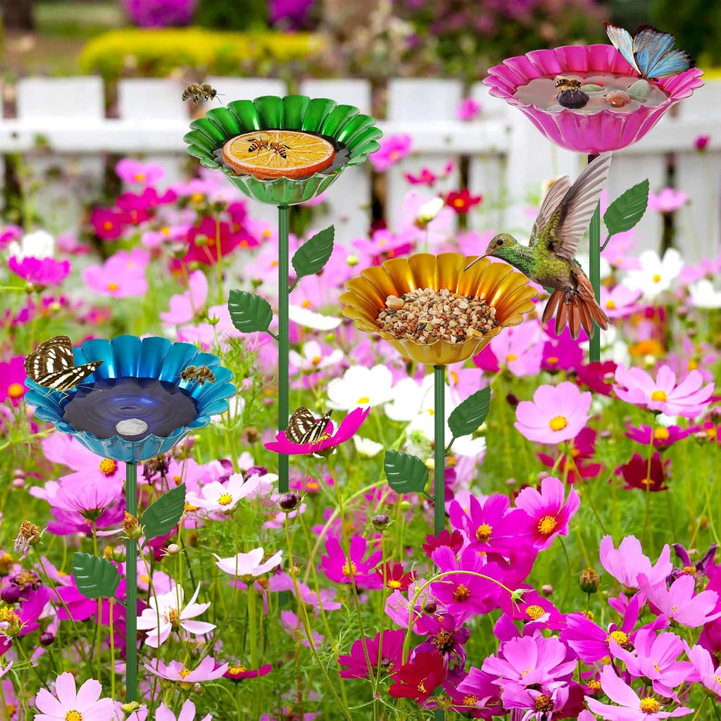 Large Bee Watering Station 2 Pack - Bee Bath for Garden Metal Butterfly Feeders Bowl with 5.32'' Flower Design Bird Bath for Outside Outdoors Garden Decor (Blue,Yellow)