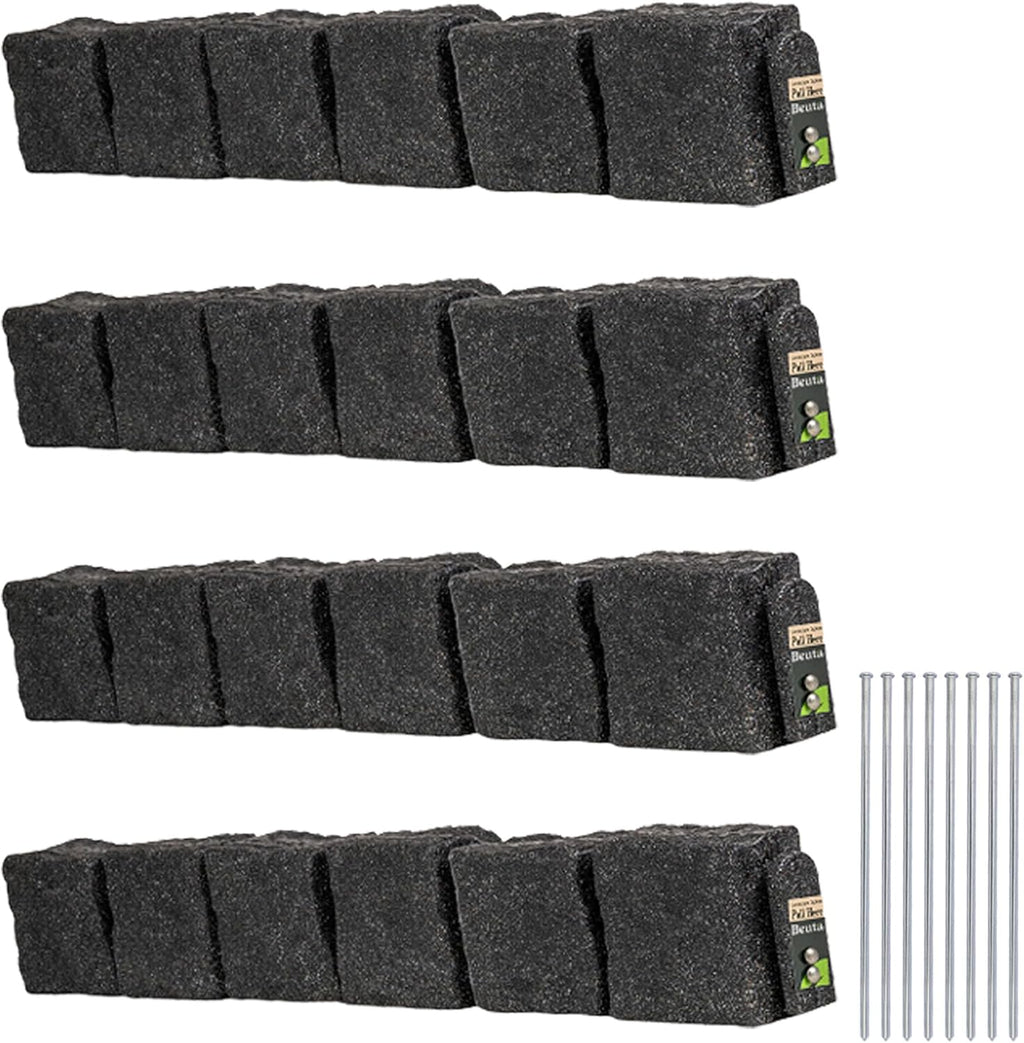 Beuta Landscape Edging | Garden Edging Border | Faux Stone Blocks for Lawn Edging, Flower Beds & Yard Edging – 4 Pack | Each Section Has 6 Blocks 48" L x 4" W x 6.5" H | 8 Spikes | Charcoal