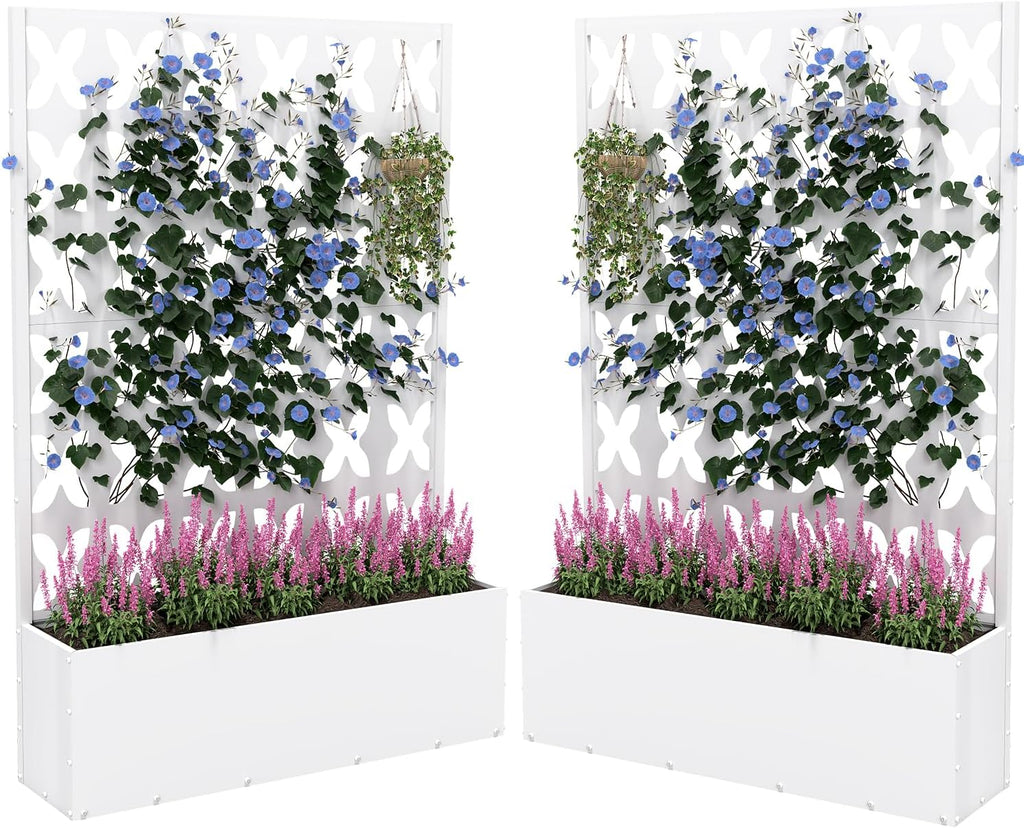 2PCS Metal Planter Box with Trellis,70.9"x47.2"x15.7" Raised Garden Bed with Drainage Holes, Privacy Planters for Outdoor Garden Bed for Climbing Plants,Vegetables,and Vines, White-X