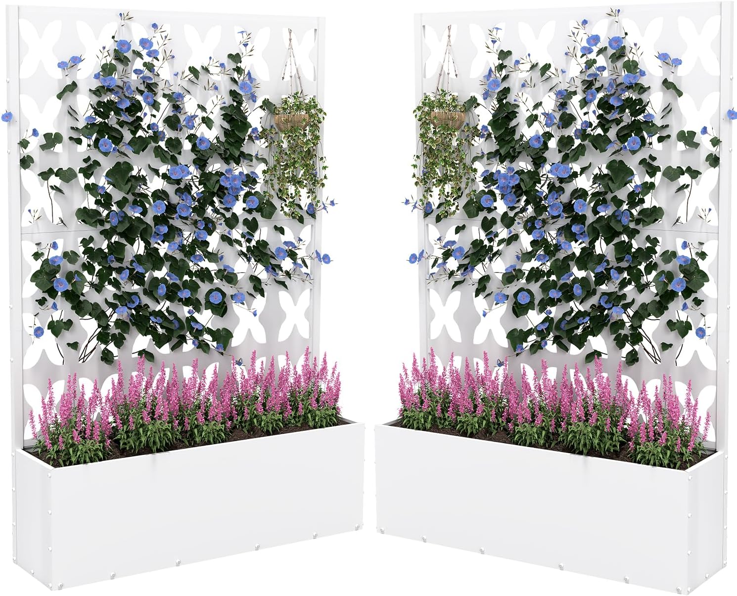 2PCS Metal Planter Box with Trellis,70.9"x47.2"x15.7" Raised Garden Bed with Drainage Holes, Privacy Planters for Outdoor Garden Bed for Climbing Plants,Vegetables,and Vines, White-X