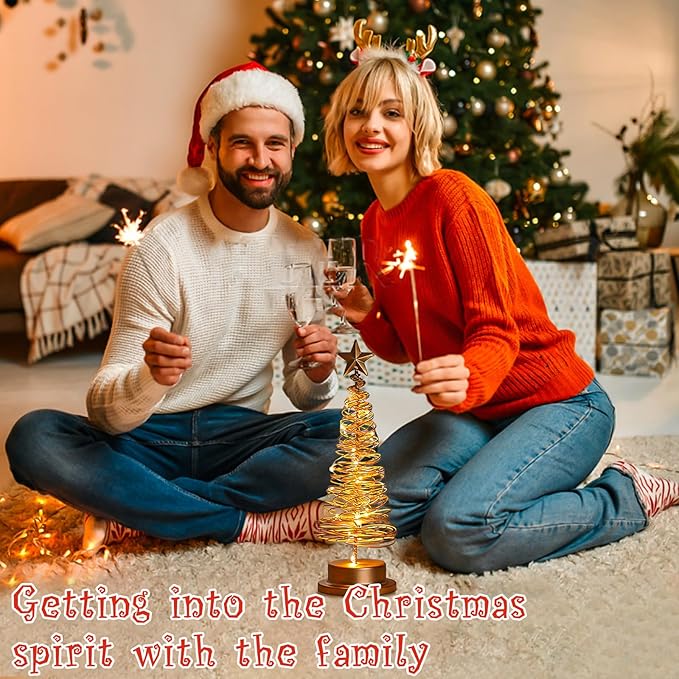 Christmas Tree Lamp, Spiral Christmas Tree with Glittering Star, AA Battery Operated Gold Christmas Tree Light with Metal Stand for Christmas Table Decoration（Batteries not Included）