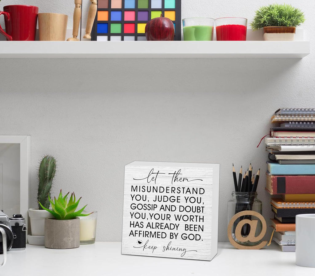 Let Them Wooden Sign, Desk Decorations For Women Office, 5x5 Inch Farmhouse Funny Office Decor Wood Box Sign, Desk Shelf Cubicle Accessories, Appreciation Gifts for Coworkers Boss, 12