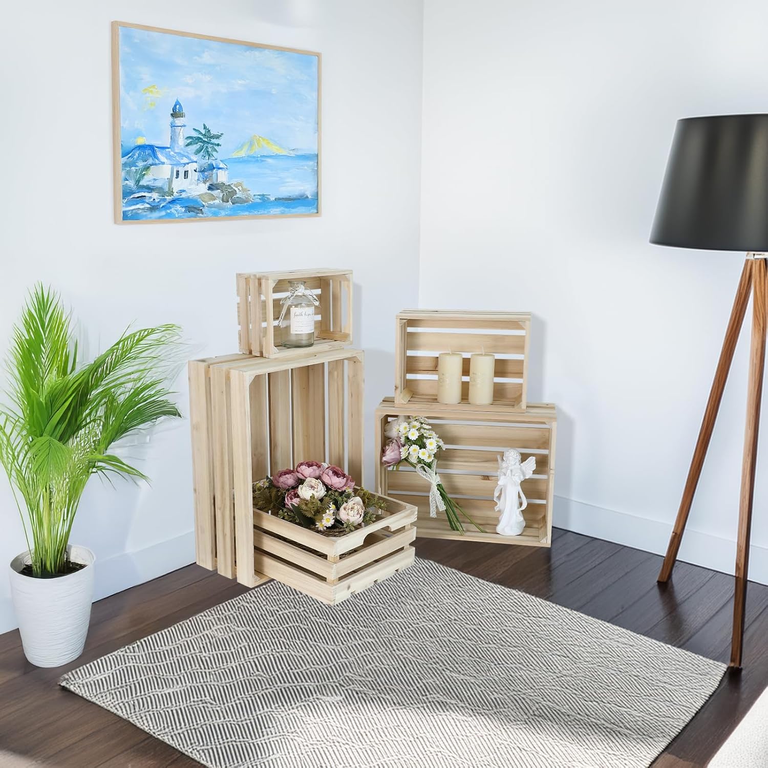 Wooden Crates, Unfinished Set of 5 Large Wood Crates with Handles, Rustic Farmhouse Wooden Crate for Decor, Wedding Birthday Home Party Living Room Kitchen Decoration