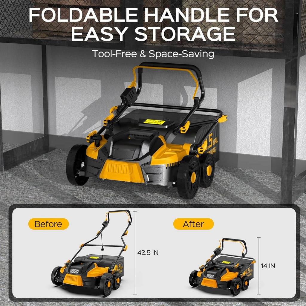 2025 Upgrade 16-Inch 15.5 Amp 2-in-1 Electric Dethatcher and Scarifier with 14.5-Gallon Collection Bag, Lawn Dethatcher with 5-Position Depth Adjustment, Keeps Lawn Healthy - Bold Yellow