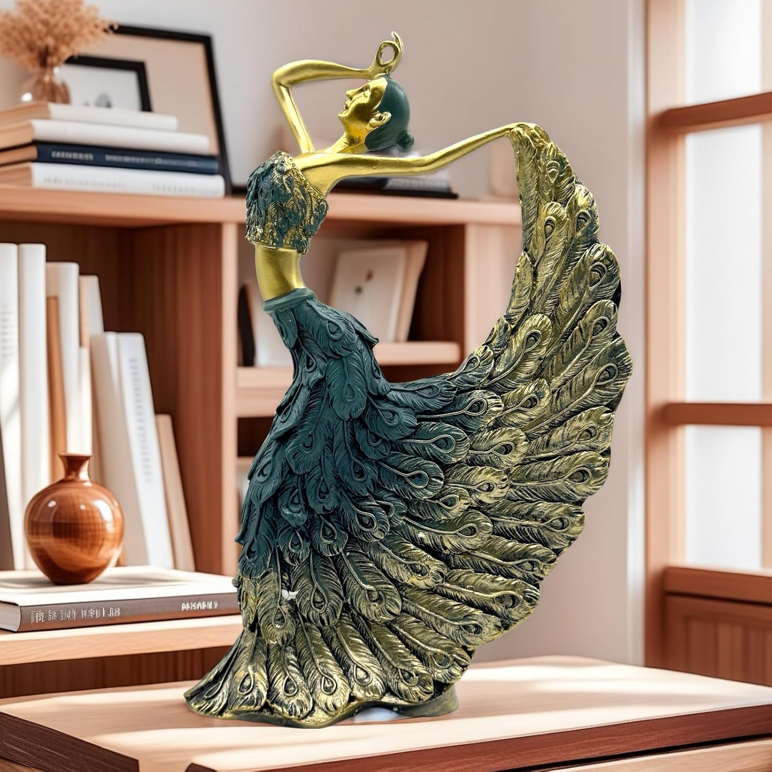 XINDAM Elegant Peacock Art Figurine Dancer Statue Decorative Home & Office Figurines Home Office Display Craft Living Room Decor Ornaments for Tabletop