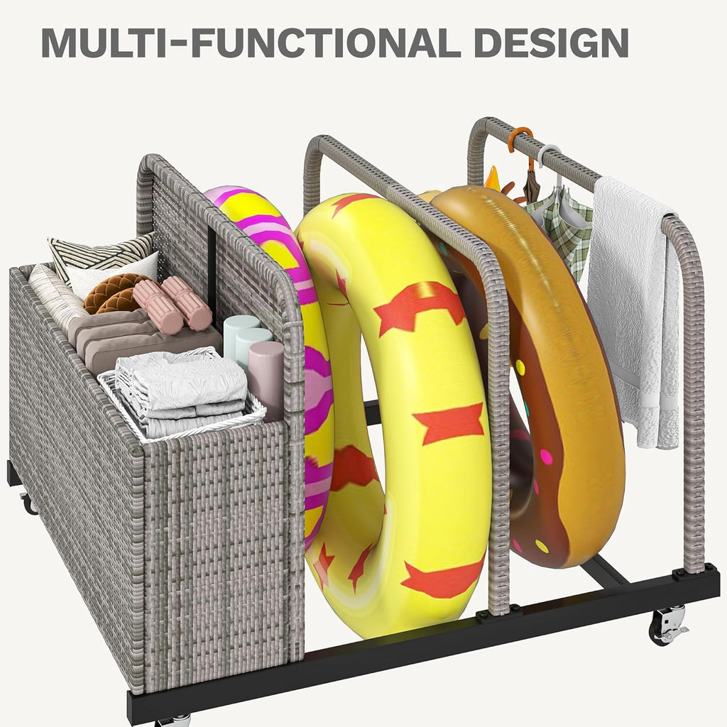 DWVO Pool Float Storage, Pool Storage Bin with PE Rattan,Pool Storage for cushions, Floaties, Noodles, Life Vests, Beach Balls, Patio Furniture (Grey)