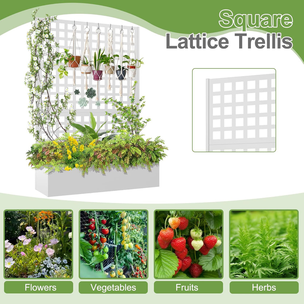 Metal Raised Garden Bed, Trellis Planters Bed with Drainage Holes for Climbing Plants, Vegetables Outdoor Privacy Screen with Planter Box 73"x47"x16", White