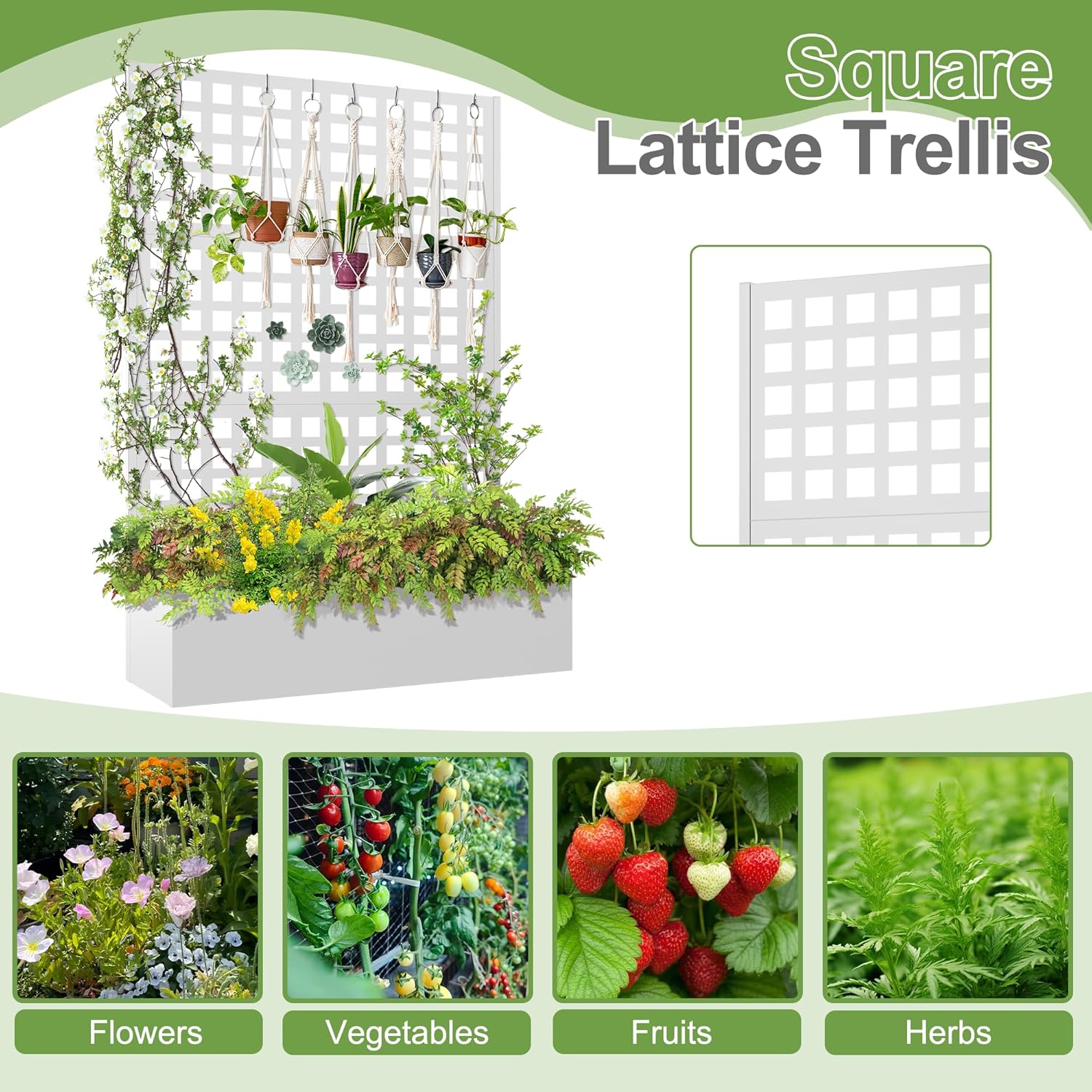 Metal Raised Garden Bed, Trellis Planters Bed with Drainage Holes for Climbing Plants, Vegetables Outdoor Privacy Screen with Planter Box 73"x47"x16", White