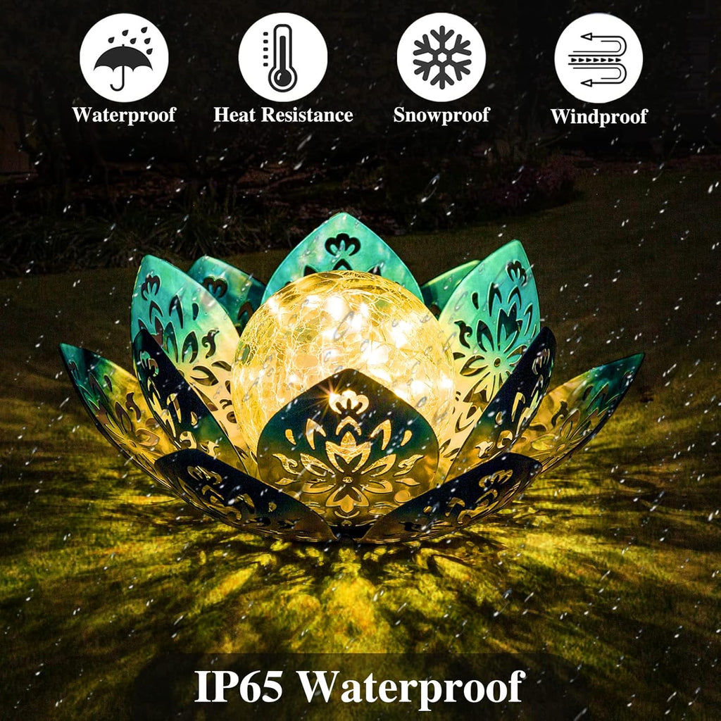 Huaxu Solar Lights Outdoor Decorative - Bright Blue Lotus Flower Table Lamp, Glass Globe 30 LED Waterproof Metal Decorations Gifts for Mom Women Garden Patio Pathway Yard Balcony Outside Decor