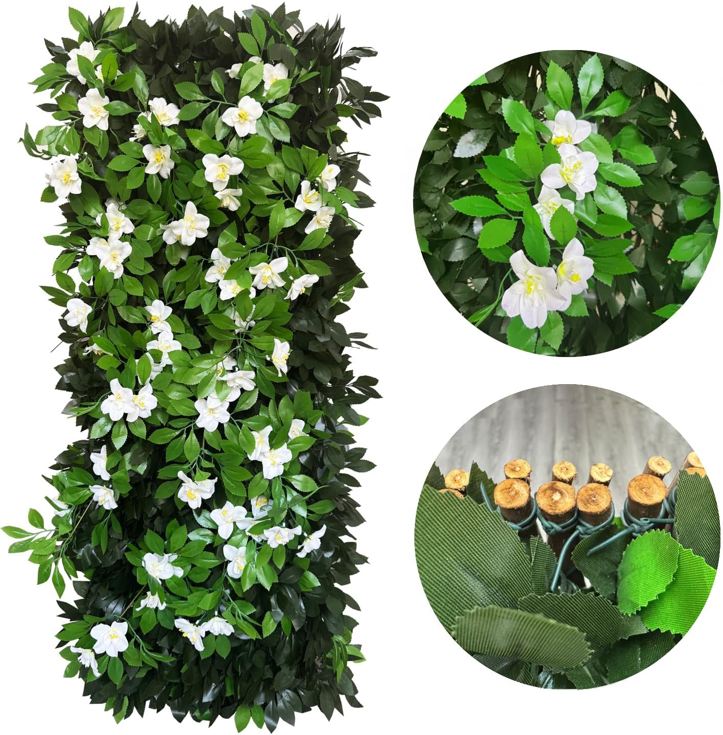 Expandable Fence Privacy Screen for Balcony Patio Outdoor,Decorative Faux Ivy Fencing Panel,Artificial Hedges (Single Sided Leaves) (2, Branches -White Fowers)