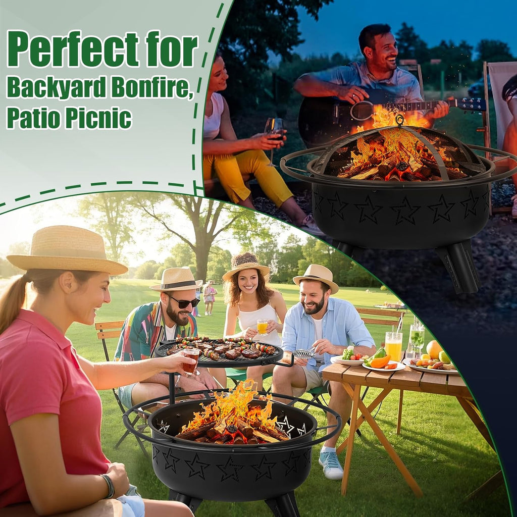 31" 2-in-1 Wood Burning Fire Pit with Swivel BBQ Grills & Spark Screen for Outside - Heavy Duty Outdoor Firepit with Charcoal Pan, Log Rack & Poker - for Backyard, Patio, Garden Bonfire