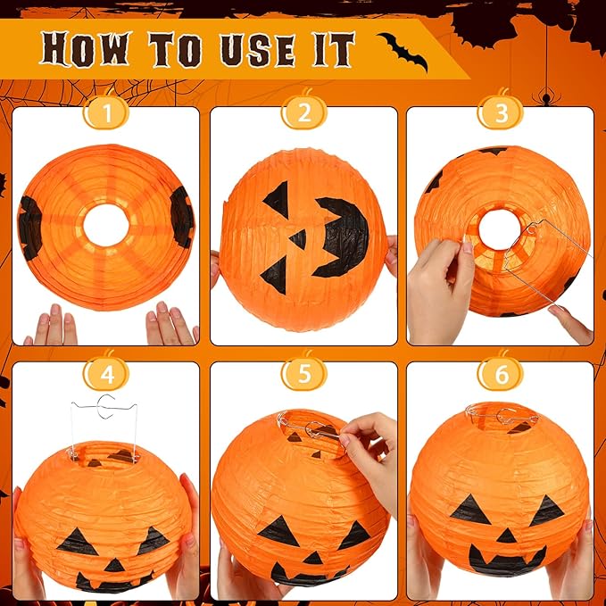 Retisee 20 Pcs 8 Inch Halloween Pumpkin Paper Lantern Halloween Jack O Lantern Paper Lantern Orange Pumpkin Lantern for Halloween Party Halloween Pumpkin Hanging Paper Lantern for Indoor Outdoor Decor