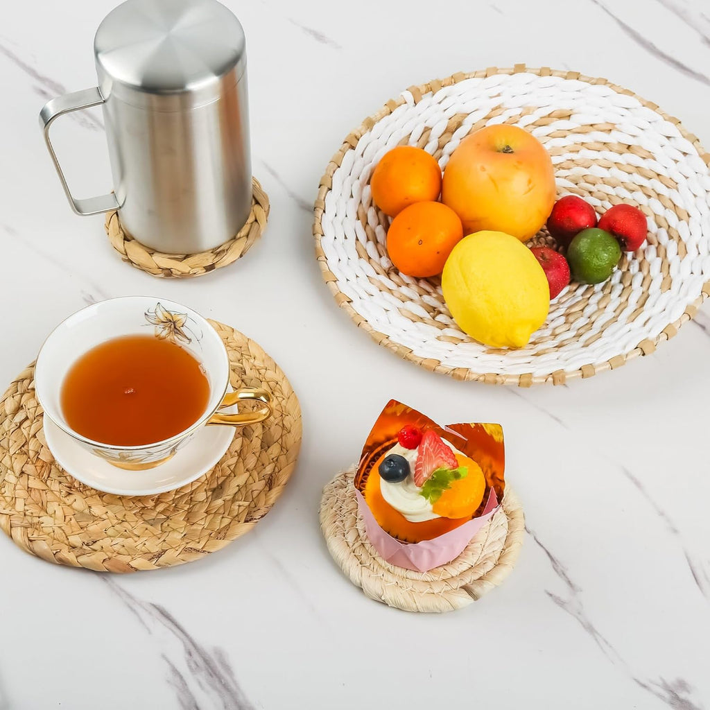 Boho Wall Basket Decor Set of 9, Woven Hanging Wall Decor Seagrass Rattan Wicker Round Handmade Rustic Flat Elegant Wall Art for Farmhouse Living Rooms Bedrooms Display Table Settings Kitchen Home