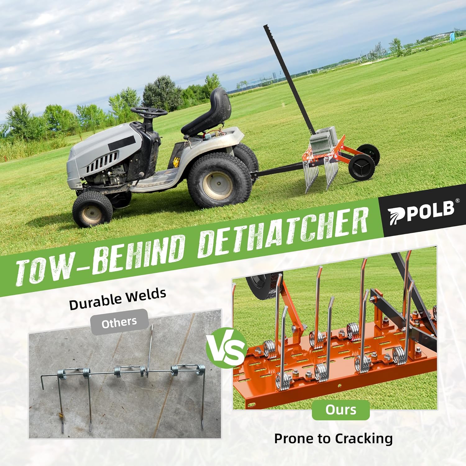 40" Tow-Behind Dethatcher with 20 Spring Steel Tines, Pull Behind Lawn Tractor Mower Grass Rake for Yard, Garden, and Farm Care – Removes Thatch, Leaves, and Pine Needles-Orange