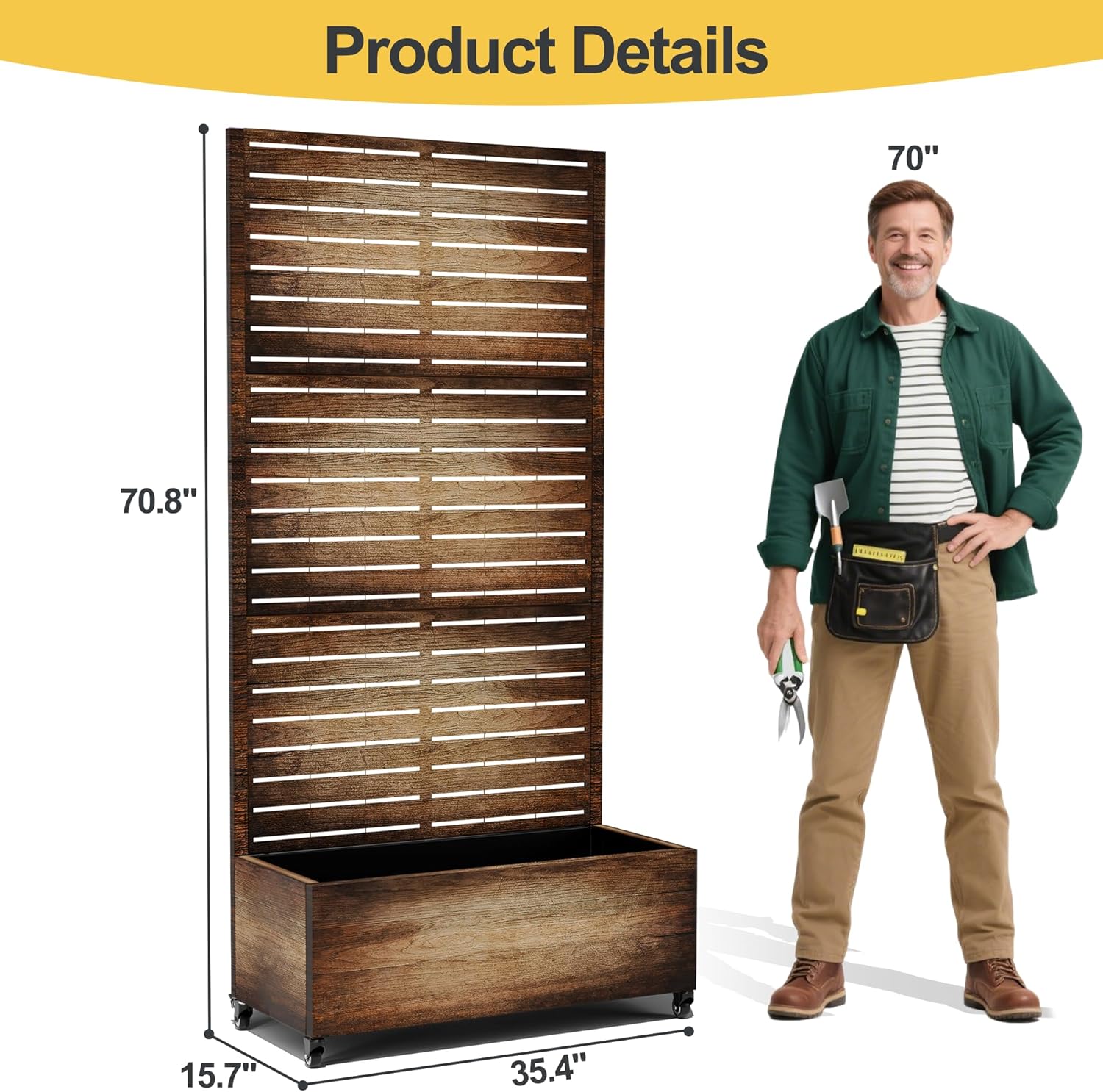 Raised Garden Bed with Trellis and Wheels,73"x35"x16" Metal Raised Garden Bed,Vintage Wood Finish Metal Planter with Climbing Trellis for Vines & Vegetables