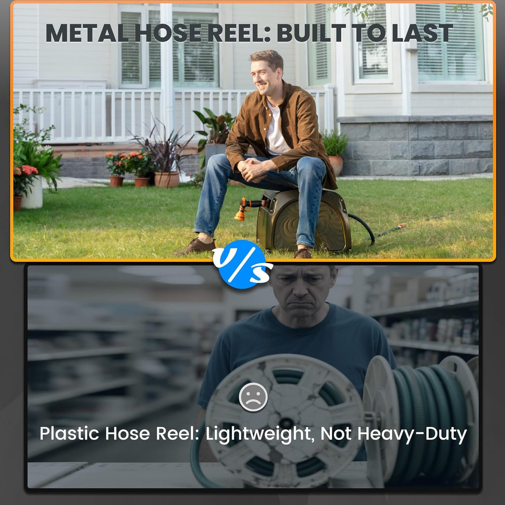 Giraffe Tools SW5-100ft Metal Hose Reel Box, 100 ft Rubber Hose Garden Hose Storage Heavy Duty Reel Hideaway, Crank Handle, 100ft 5/8" Hose, Green