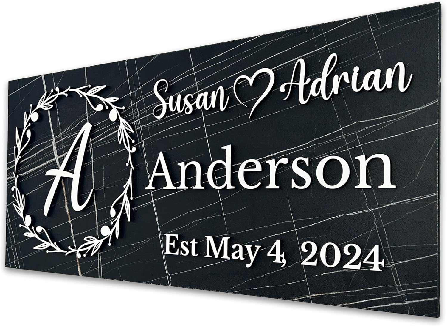 Personalized Black Marble Family Name Sign – Custom Couple Names with Monogram & Established Date – Stylish Wedding, Anniversary, or Housewarming Gift – Dark Wood Wall Decor