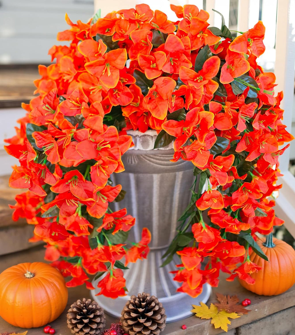 Bougainvillea Artificial Fall Hanging Flowers Plants for Outdoors Autumn Decoration, 2pcs Faux Bougainvillea Vines Orange Fake Flowers Realistic UV Resistant Silk Flowers for Outside Planter Yard Home