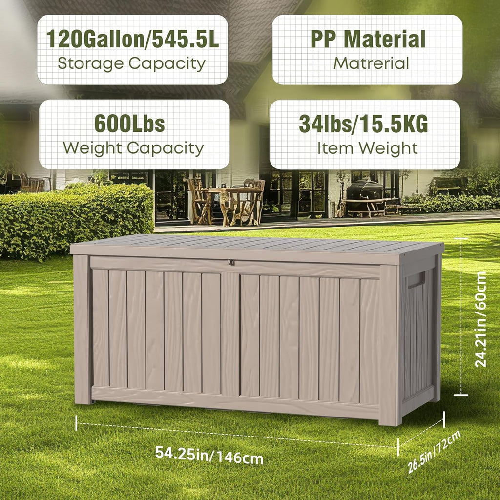 120 Gallon Waterproof Outdoor Storage Box,Resin Deck Box,Lockable Outside Storage Box Container for Patio Furniure,Garden,Tools (120 Gallon,Grey)