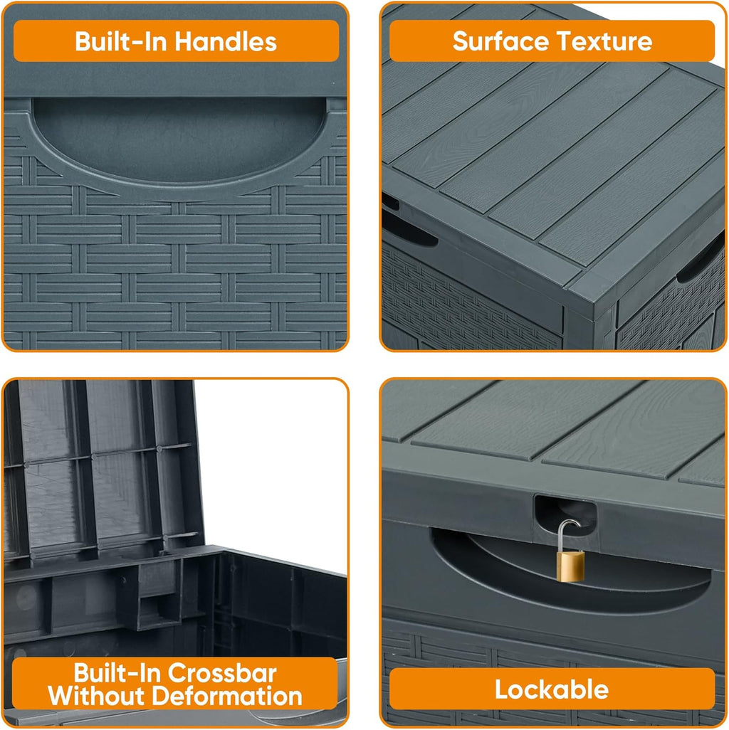 33 Gallon Resin Deck Box, Weatherproof Outdoor Storage Box for Patio, Garden, Pool, and Yard, Lockable Waterproof Bin for Tools, Cushions, and Accessories, Grey