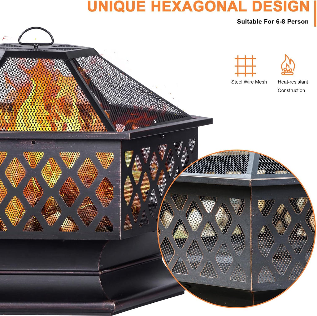 33 Inch Outdoor Fire Pit, Hexagon Shaped Wood Burning Firepit for Outside Bonfire, Patio, Backyard and Camping (Antique Bronze)