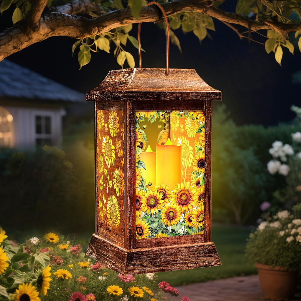Sunflower Solar Lanterns Outdoor Waterproof, Metal & Glass Hanging Lights Garden Decor, Birthday Gifts for Women Mom Grandma Mothers Day, Decorative Lights for Outside Yard Patio Backyard Porch
