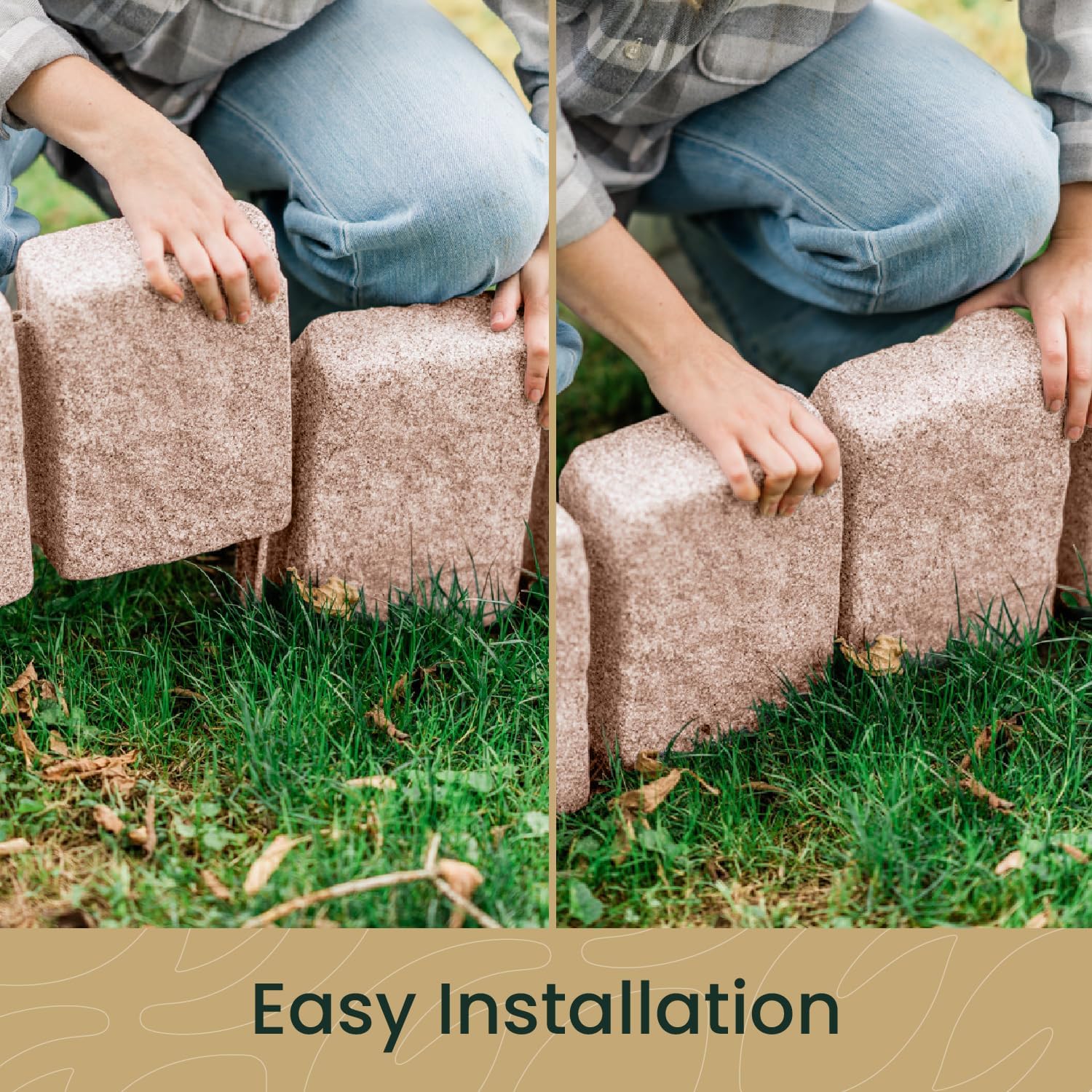 Beuta Landscape Edging | Garden Edging Border | Faux Stone Block XL for Lawn Edging, Flower Beds & Yard Edging – 4 Pack | Each Section Has 6 Blocks 48" L x 4" W x 9.5" H | 12 Spikes | Sandstone