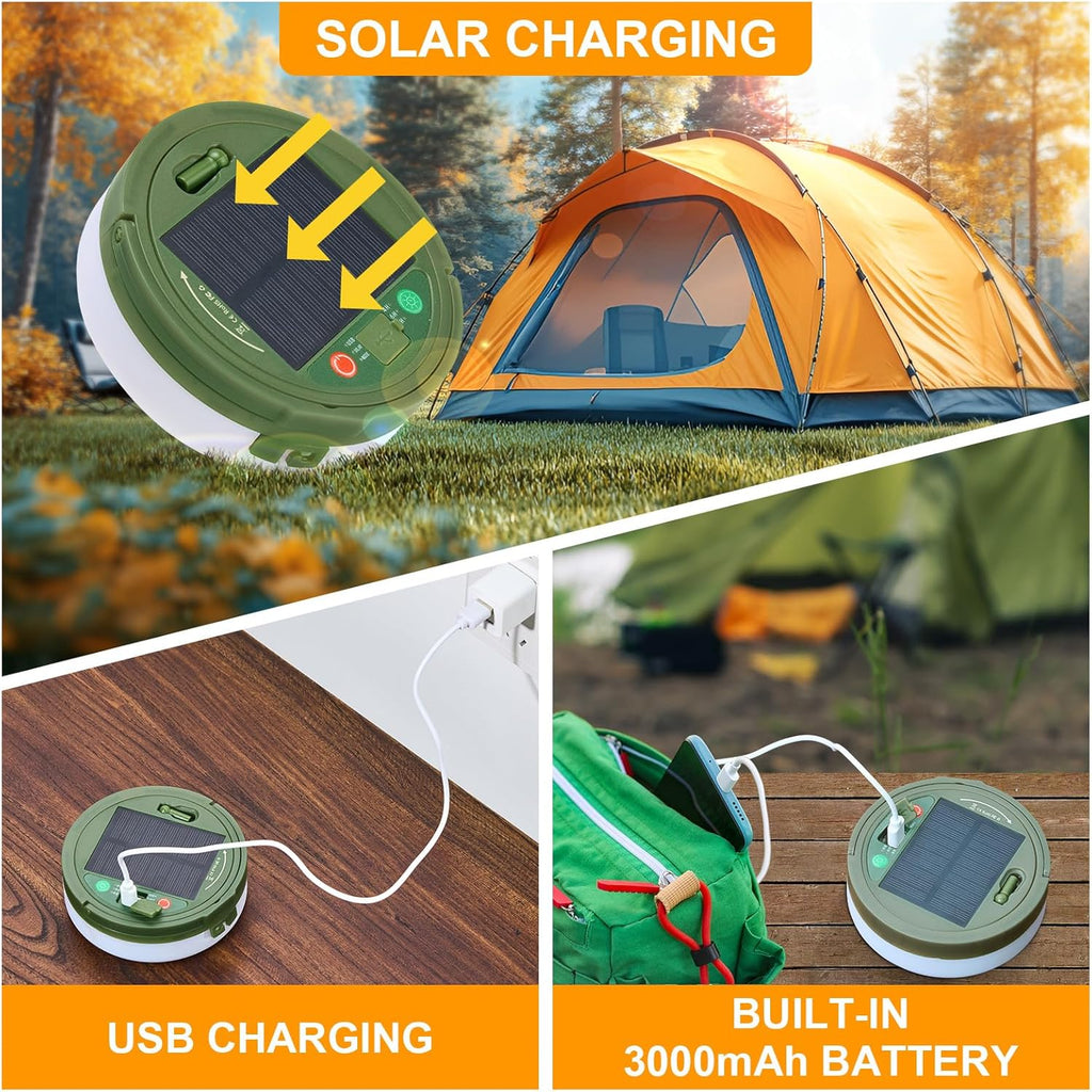 Solar Camping String Lights, 4 in 1 Quick Storage 33FT Rechargeable Tent Lights with 8 Lighting Modes, Hanging Waterproof Portable Retractable LED Lamp for Outdoor, Patio, RV, Awning, Garden, Party