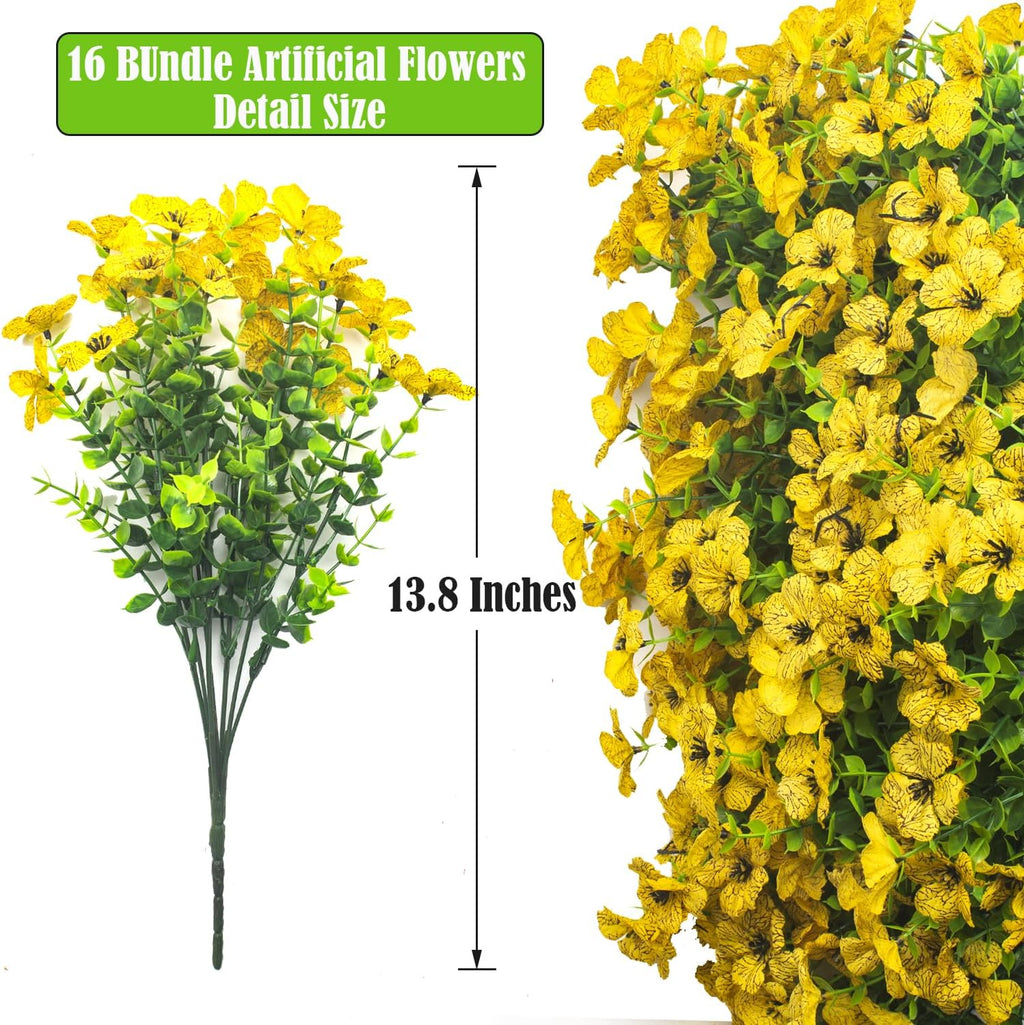 Artificial Fake Flowers for Outdoor Spring Decoration, 16 Bundles Faux Silk Colorful Daisy UV Resistant Realistic for Outside Porch Patio Home Yard Garden Planters Pots Window Box (Yellow)